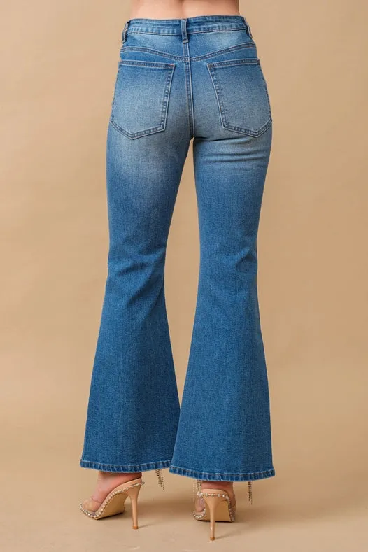 High Waist Flare Bottom W/ Rhinestone Fringe Jeans