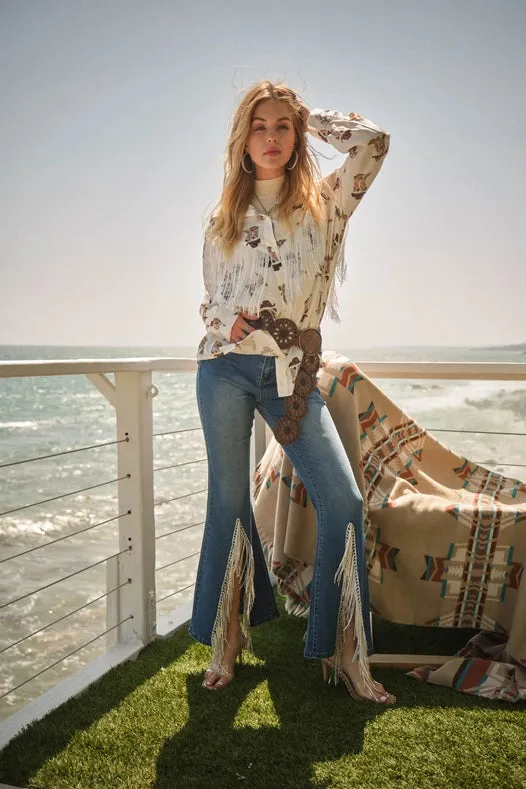 High Waist Flare Bottom W/ Rhinestone Fringe Jeans