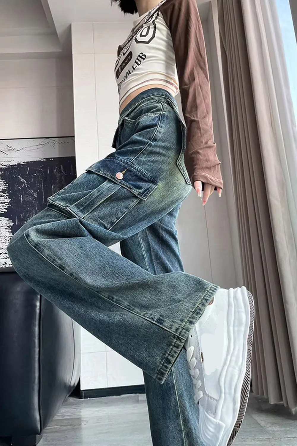 High Waist Side Pockets Long Denim Jeans Pants