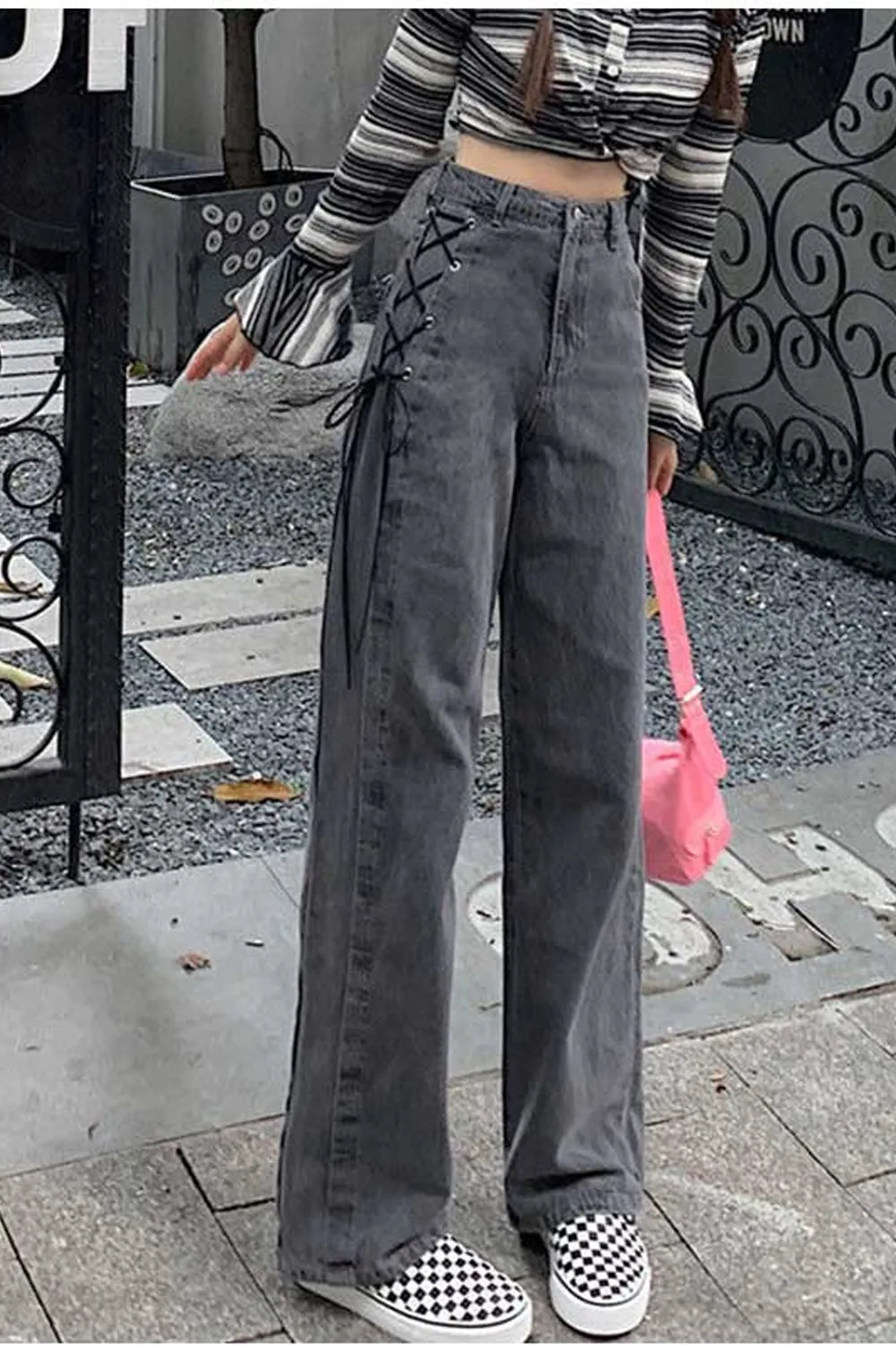 High Waist Side Tie Long Grey Jeans Pants