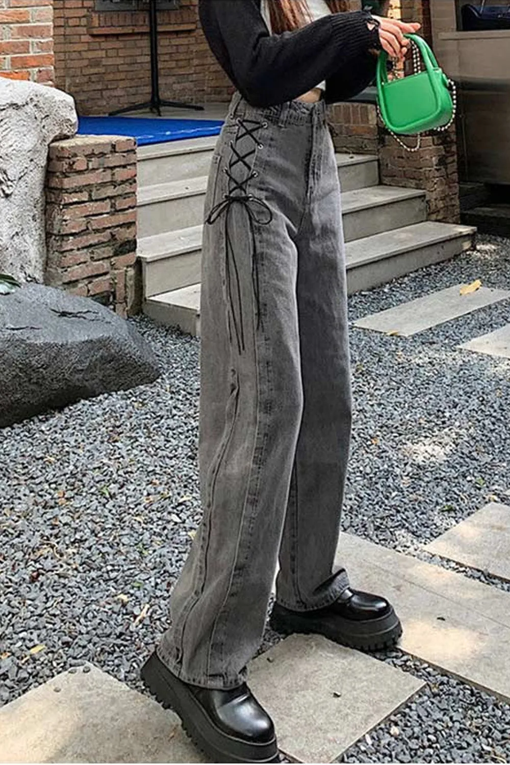 High Waist Side Tie Long Grey Jeans Pants