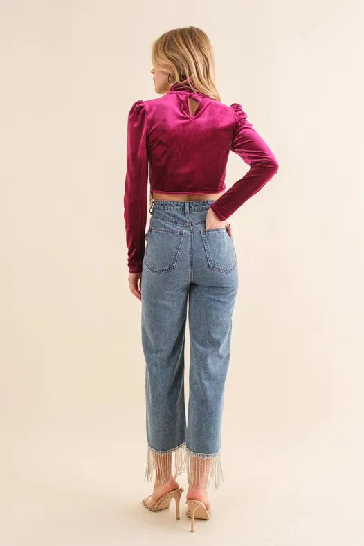 High Waist Straight Cut Rhinestone Fringe Jeans