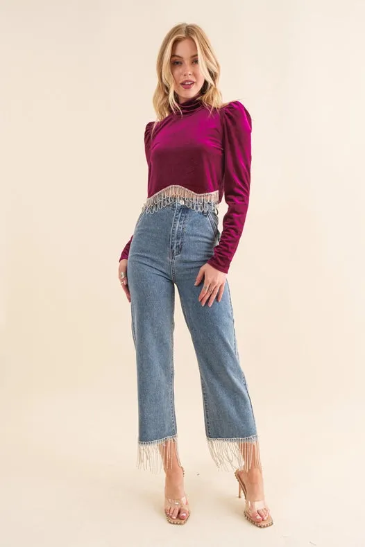 High Waist Straight Cut Rhinestone Fringe Jeans