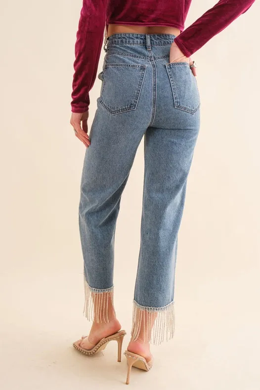 High Waist Straight Cut Rhinestone Fringe Jeans