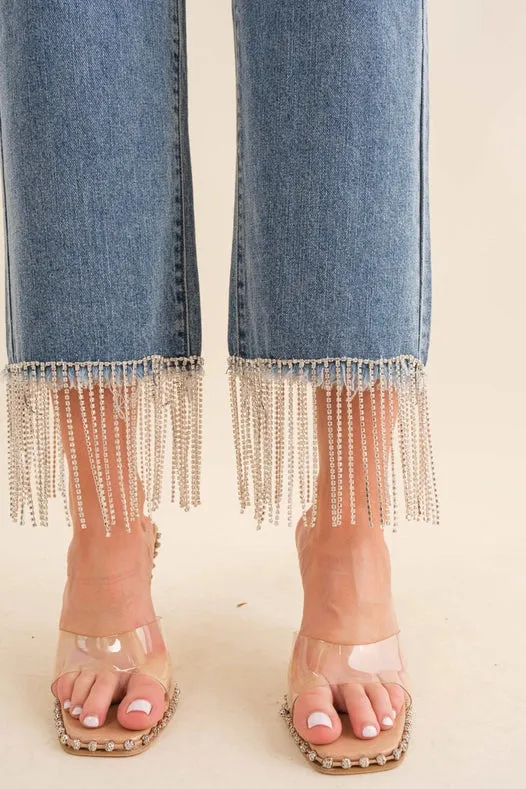 High Waist Straight Cut Rhinestone Fringe Jeans