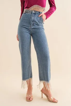 High Waist Straight Cut Rhinestone Fringe Jeans