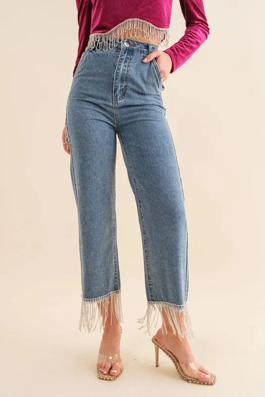 High Waist Straight Cut Rhinestone Fringe Jeans