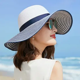 Hot Sale Fashion Hepburn Wind Black White Striped Bowknot Summer Sun Hat Beautiful Women Straw Beach Hat Large Brimmed Hat