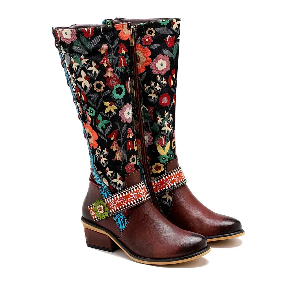 Lady Flower Embroidered Jacquard Print Cloth Spring Boots & Genuine Leather