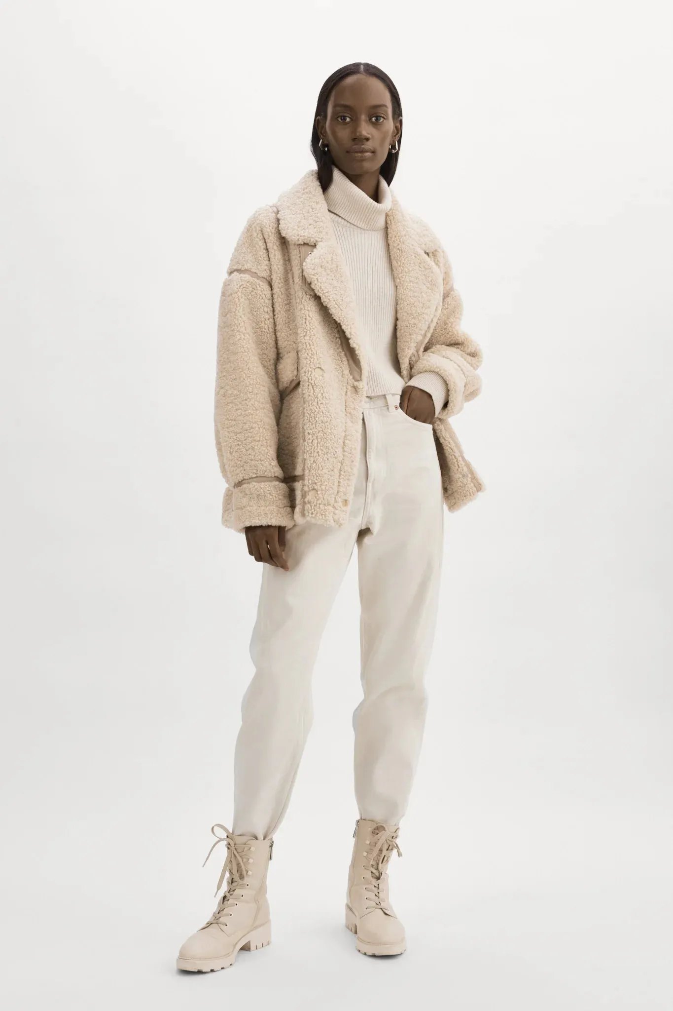 Lamarque Badu Oversized Faux Fur Shearling Jacket - Beige