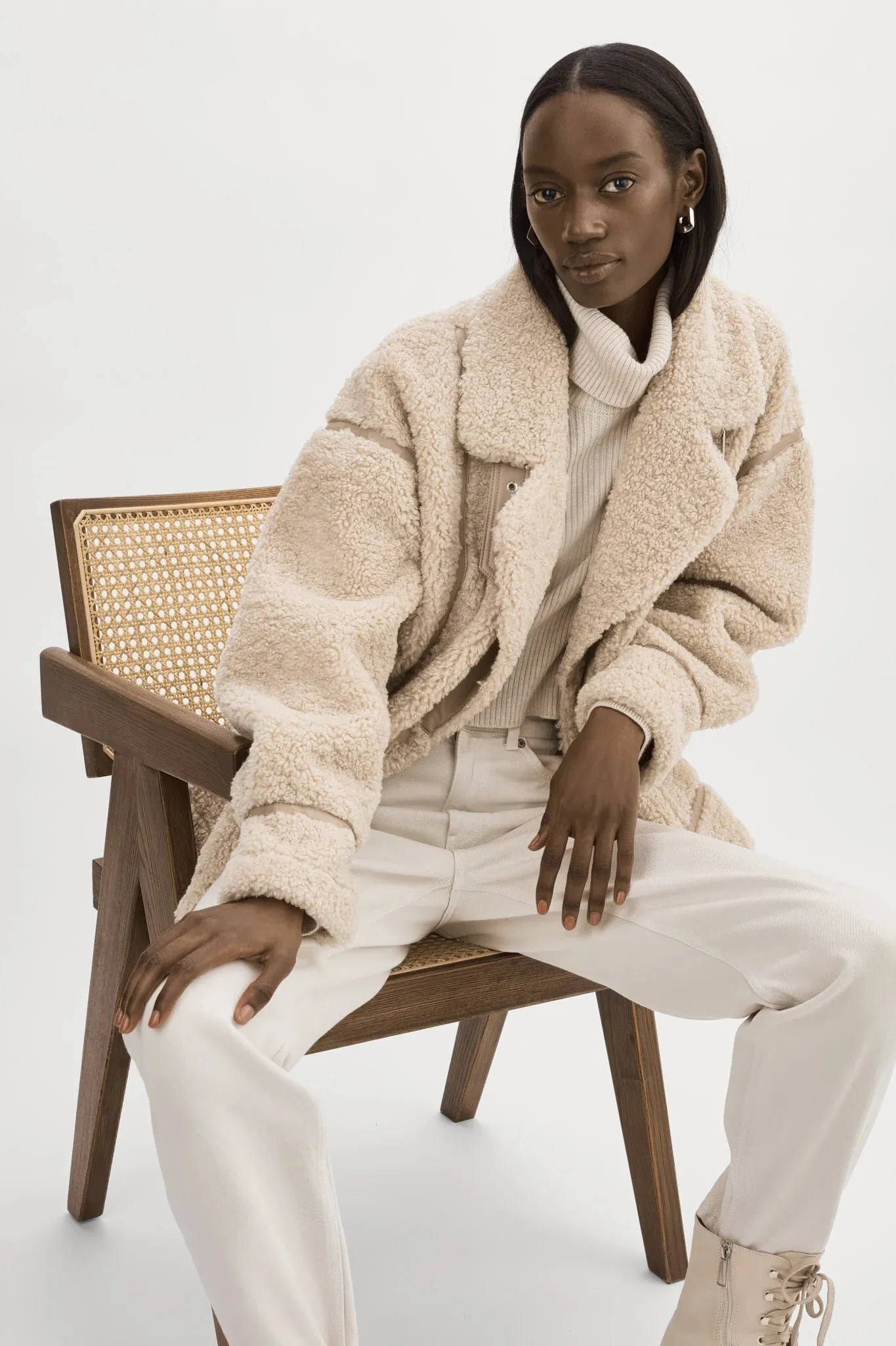Lamarque Badu Oversized Faux Fur Shearling Jacket - Beige