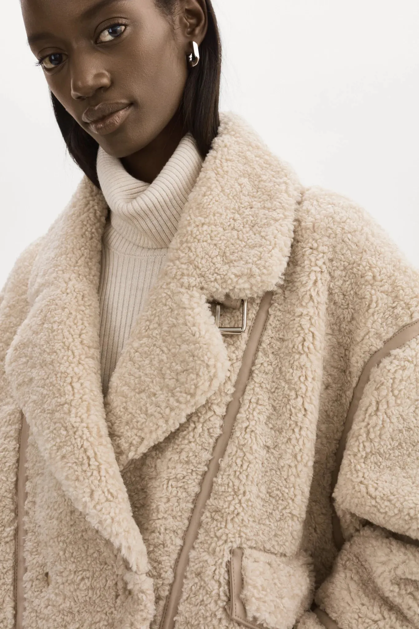 Lamarque Badu Oversized Faux Fur Shearling Jacket - Beige