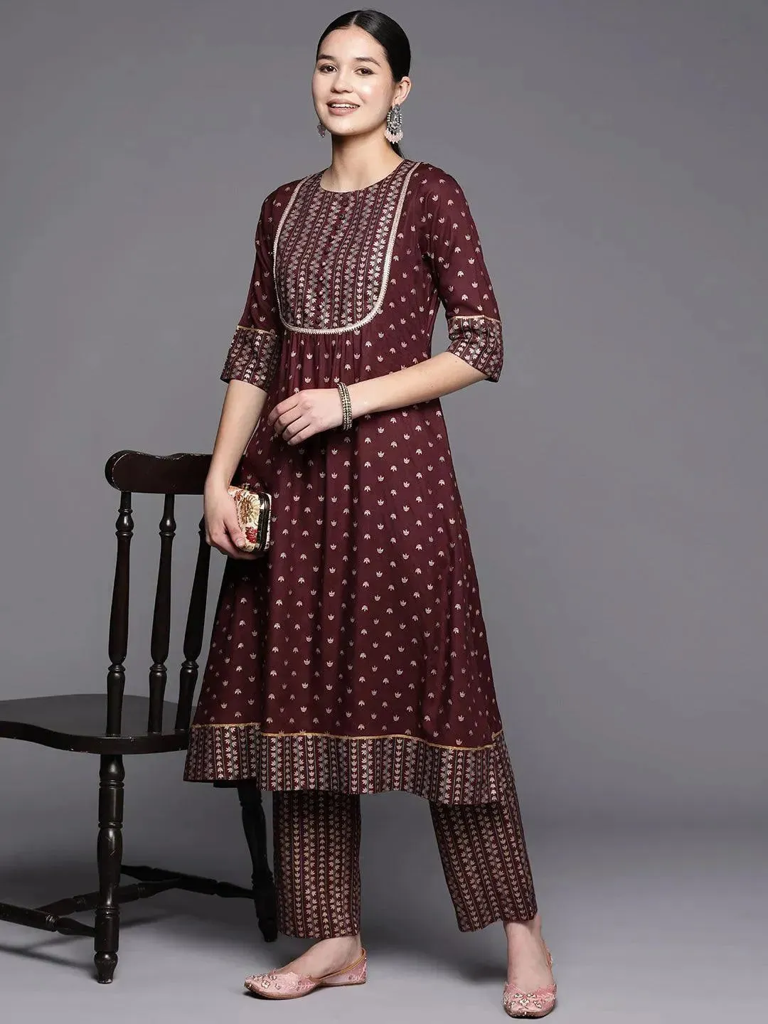 Maroon Yoke Design Rayon A-Line Kurta