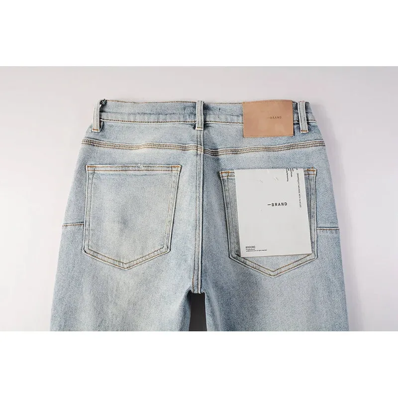 Men’s Distressed Blue Skinny Jeans – Classic American Streetwear with Ripped Holes and Button Fly Design
