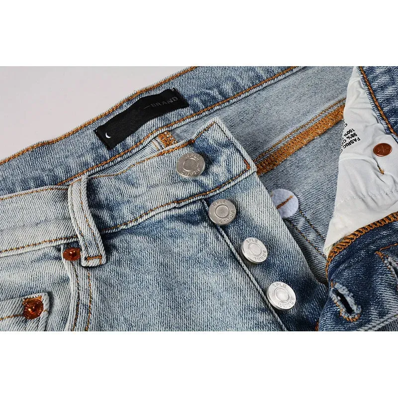 Men’s Distressed Blue Skinny Jeans – Classic American Streetwear with Ripped Holes and Button Fly Design