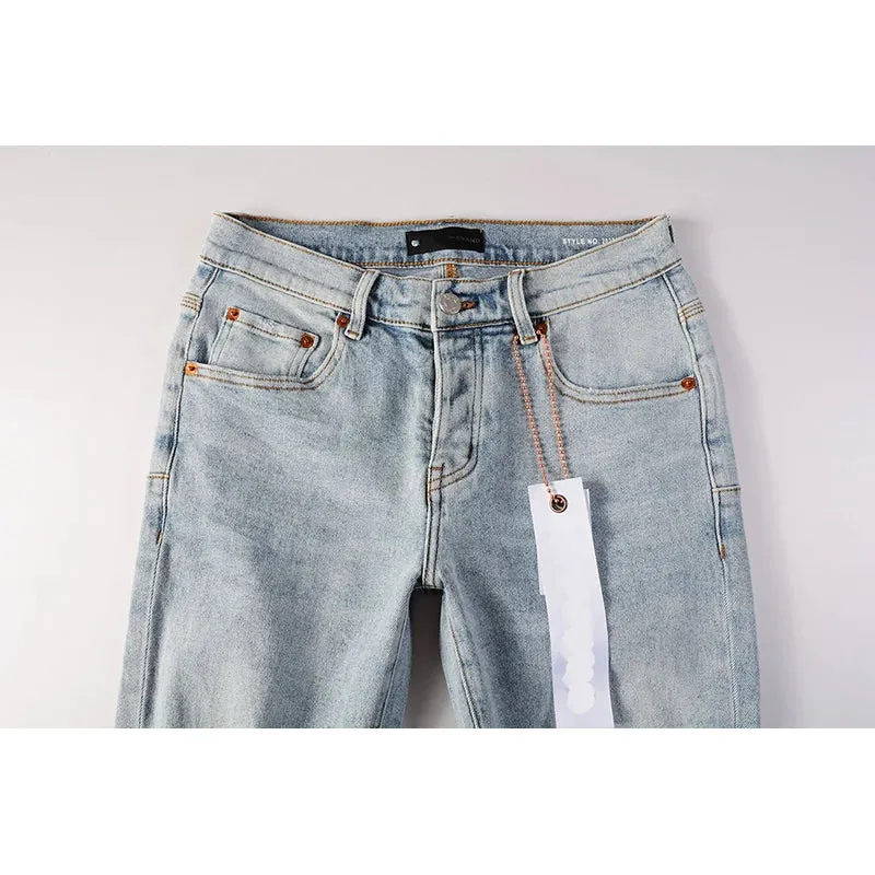 Men’s Distressed Blue Skinny Jeans – Classic American Streetwear with Ripped Holes and Button Fly Design