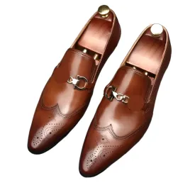 Men's Pointed Oxford Leather Dress Shoes – Classic English Style with Carved Details, Size 46