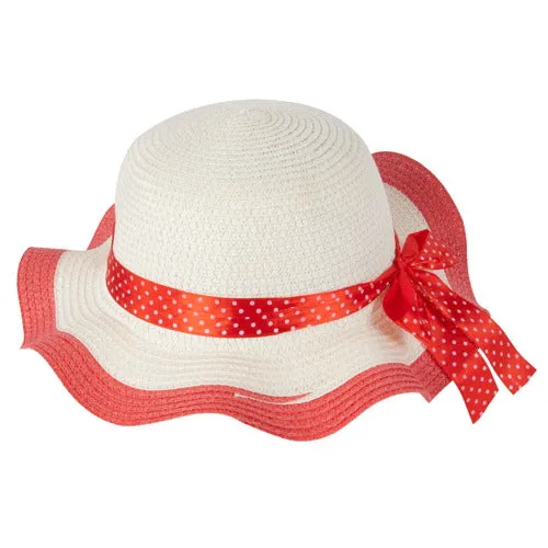Momo Grow Girls "Molly" Red Trimmed Floppy Sun Hat with Polka Dot Ribbon