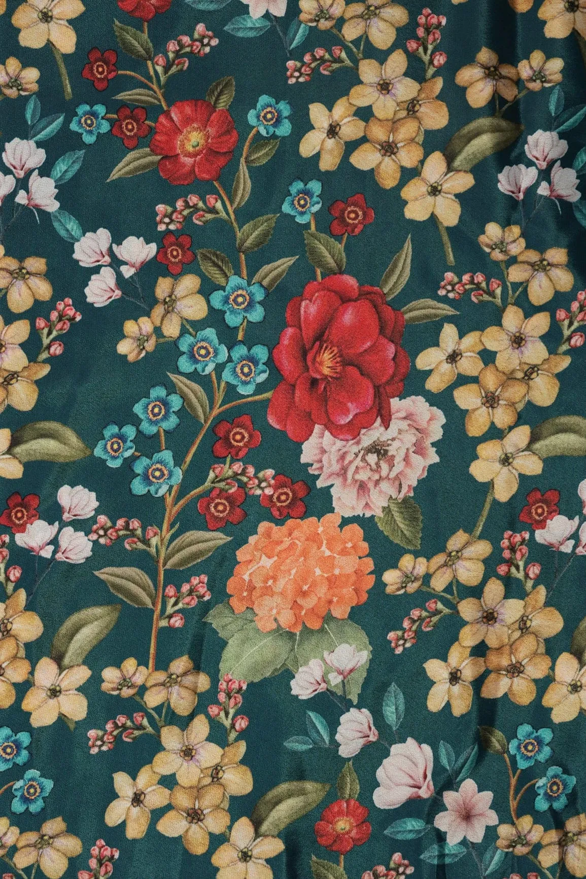 Multi Color Floral Pattern Digital Print On Prussian Blue Crepe Fabric