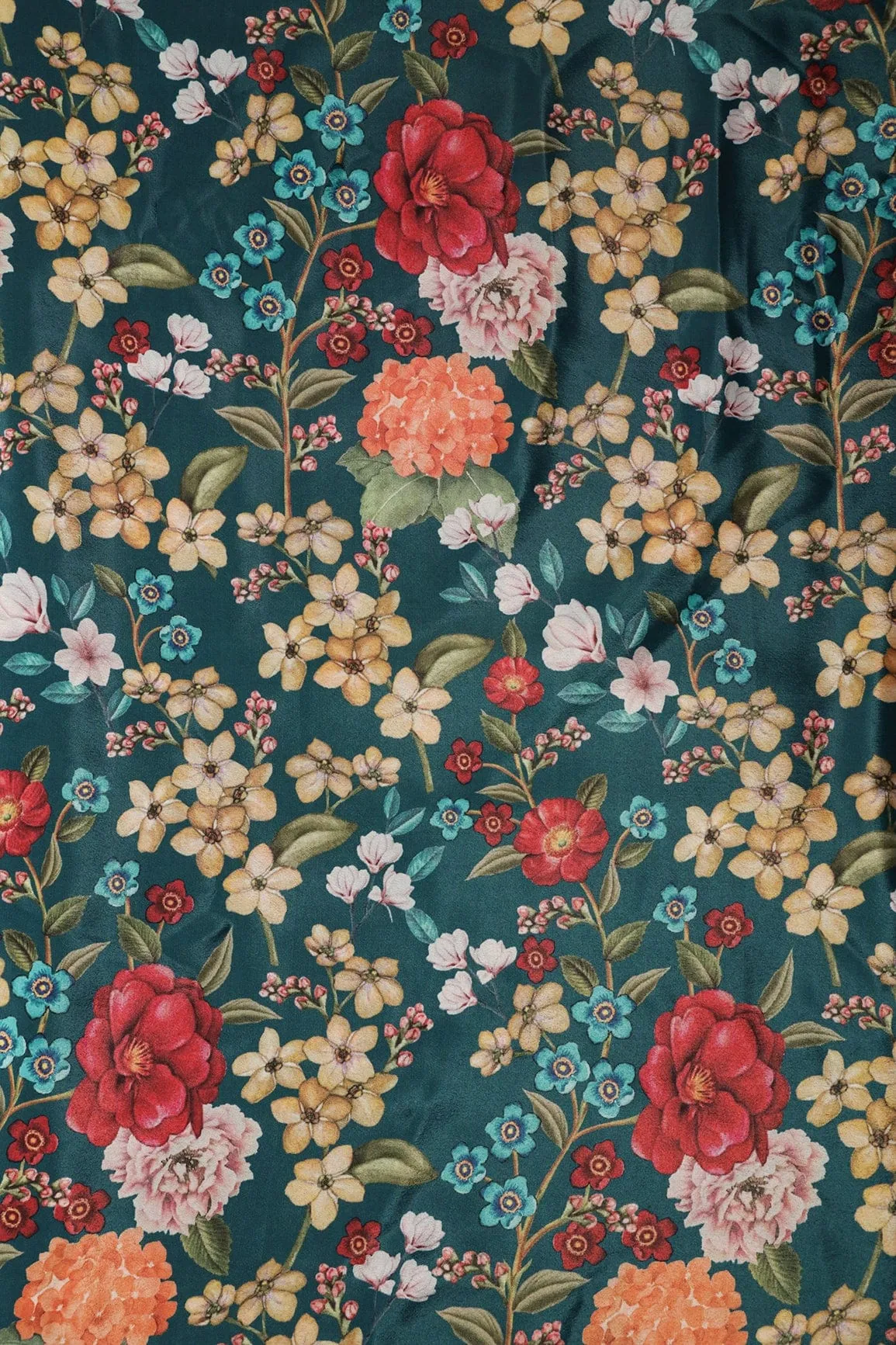 Multi Color Floral Pattern Digital Print On Prussian Blue Crepe Fabric