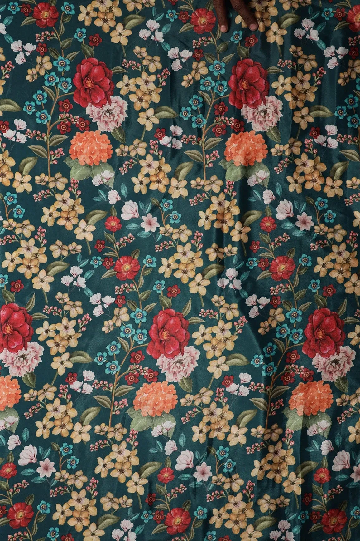 Multi Color Floral Pattern Digital Print On Prussian Blue Crepe Fabric