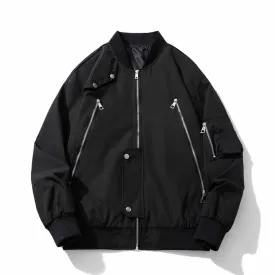 Multiple Zipper Design Solid Color Thickened Bomber Jacket