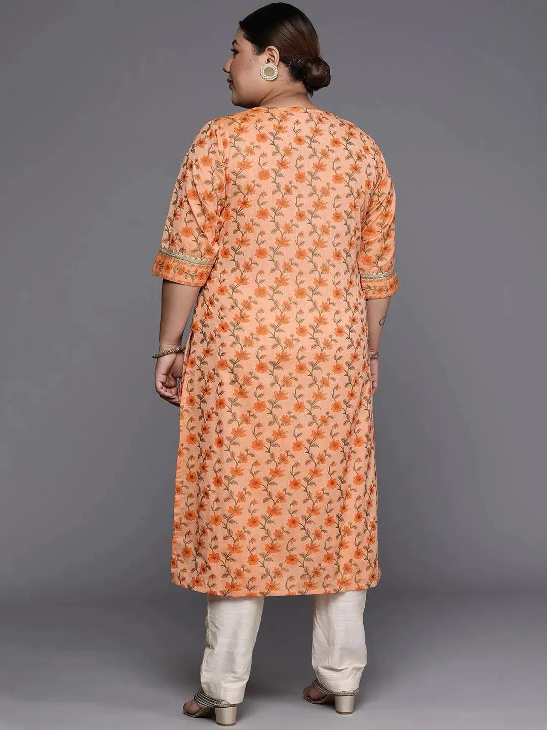 Plus Size Orange Yoke Design Cotton Silk Straight Kurta