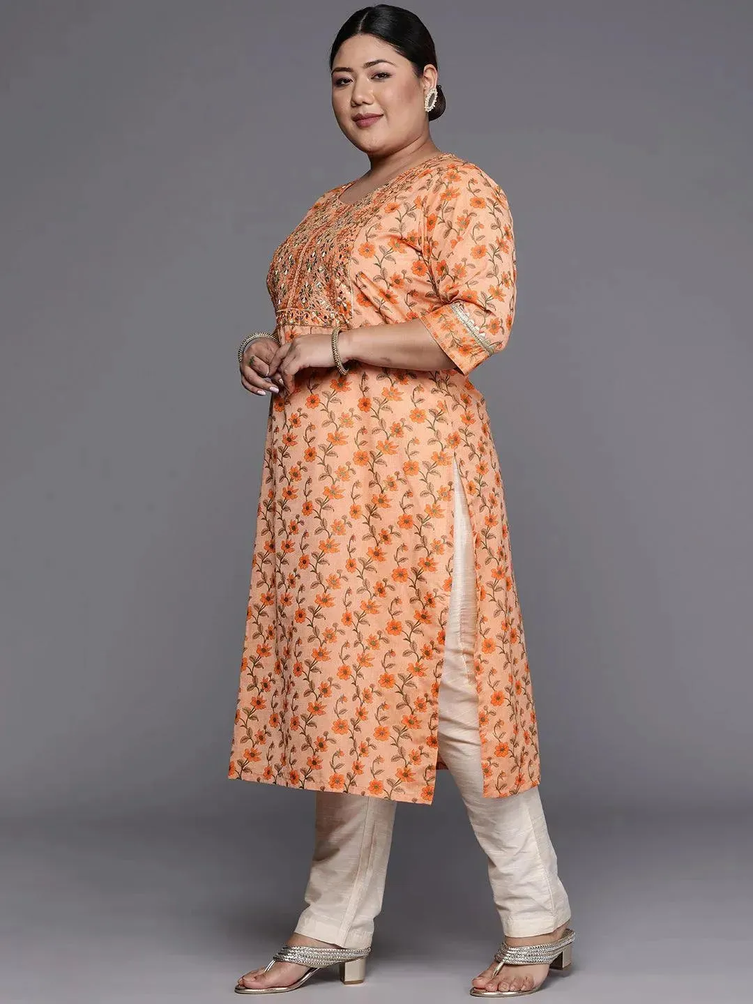 Plus Size Orange Yoke Design Cotton Silk Straight Kurta