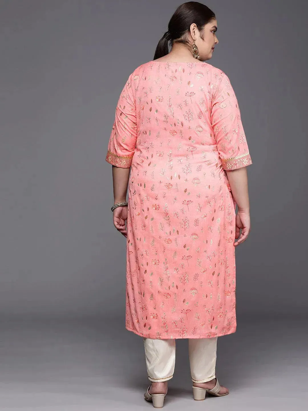 Plus Size Pink Printed Cotton Silk Straight Kurta