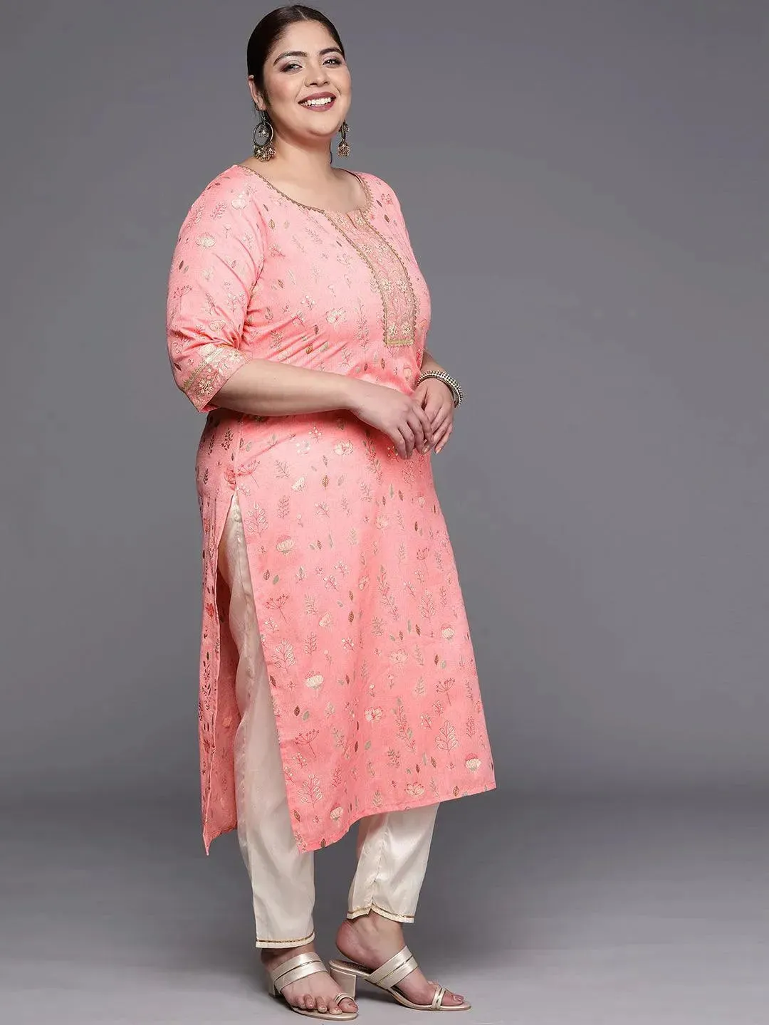 Plus Size Pink Printed Cotton Silk Straight Kurta