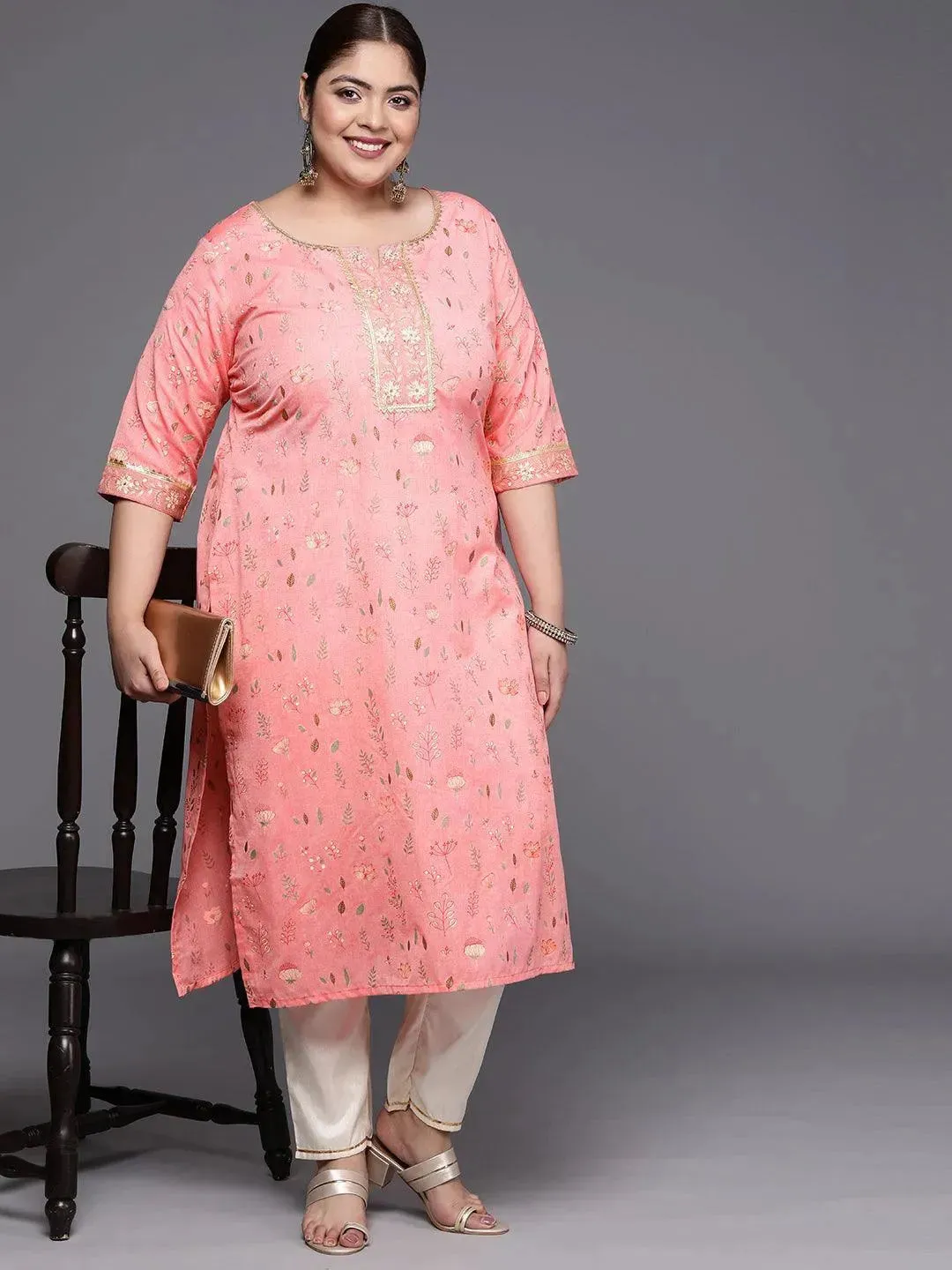 Plus Size Pink Printed Cotton Silk Straight Kurta