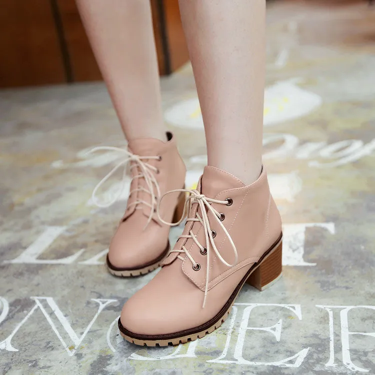 Spring Autumn Winter Short Boots Lace-up Square Heel Ankle Boots Women's Shoes