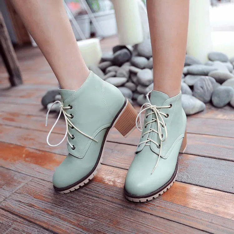 Spring Autumn Winter Short Boots Lace-up Square Heel Ankle Boots Women's Shoes
