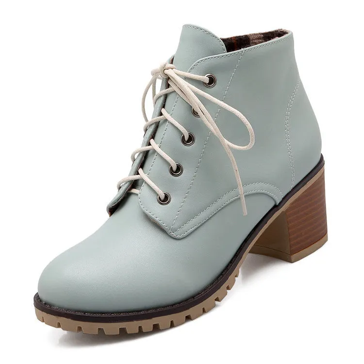 Spring Autumn Winter Short Boots Lace-up Square Heel Ankle Boots Women's Shoes