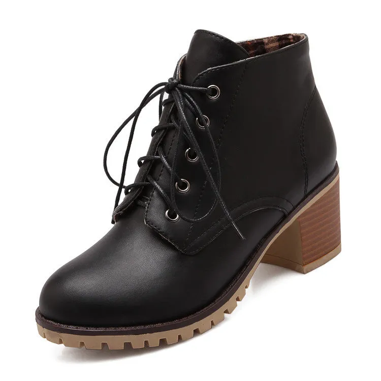 Spring Autumn Winter Short Boots Lace-up Square Heel Ankle Boots Women's Shoes