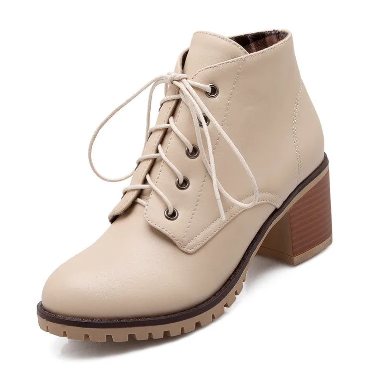 Spring Autumn Winter Short Boots Lace-up Square Heel Ankle Boots Women's Shoes