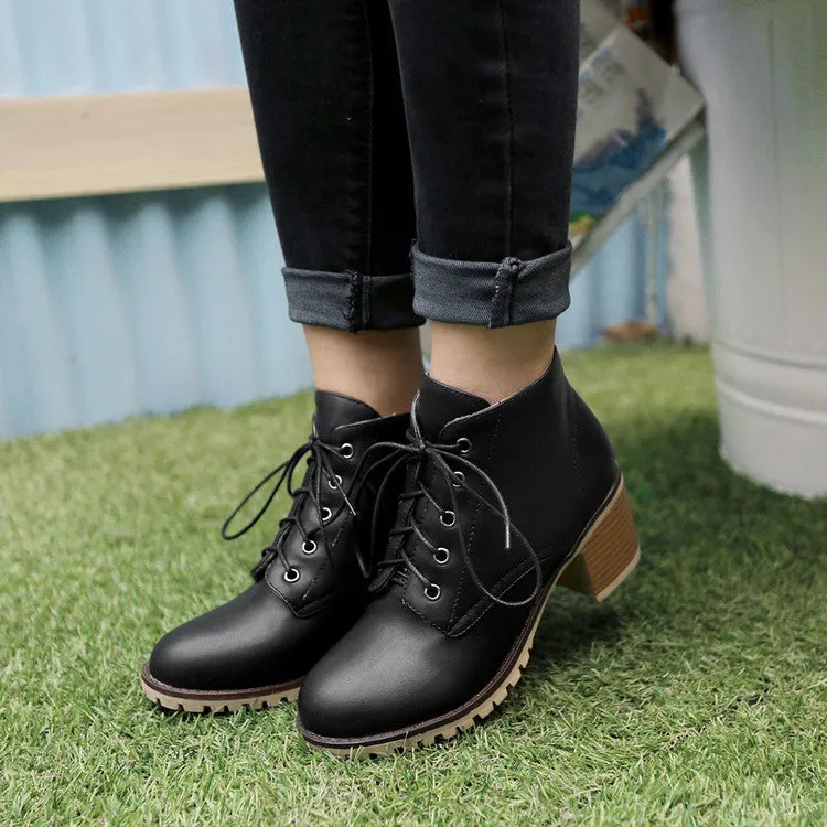 Spring Autumn Winter Short Boots Lace-up Square Heel Ankle Boots Women's Shoes