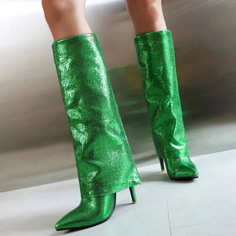 Trend4us Women's Sequin Knee-High Stiletto Boots