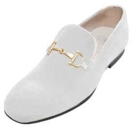 White Velvet Men's Dress Loafer Slip-On with Gold Buckle Made By Royal Shoes