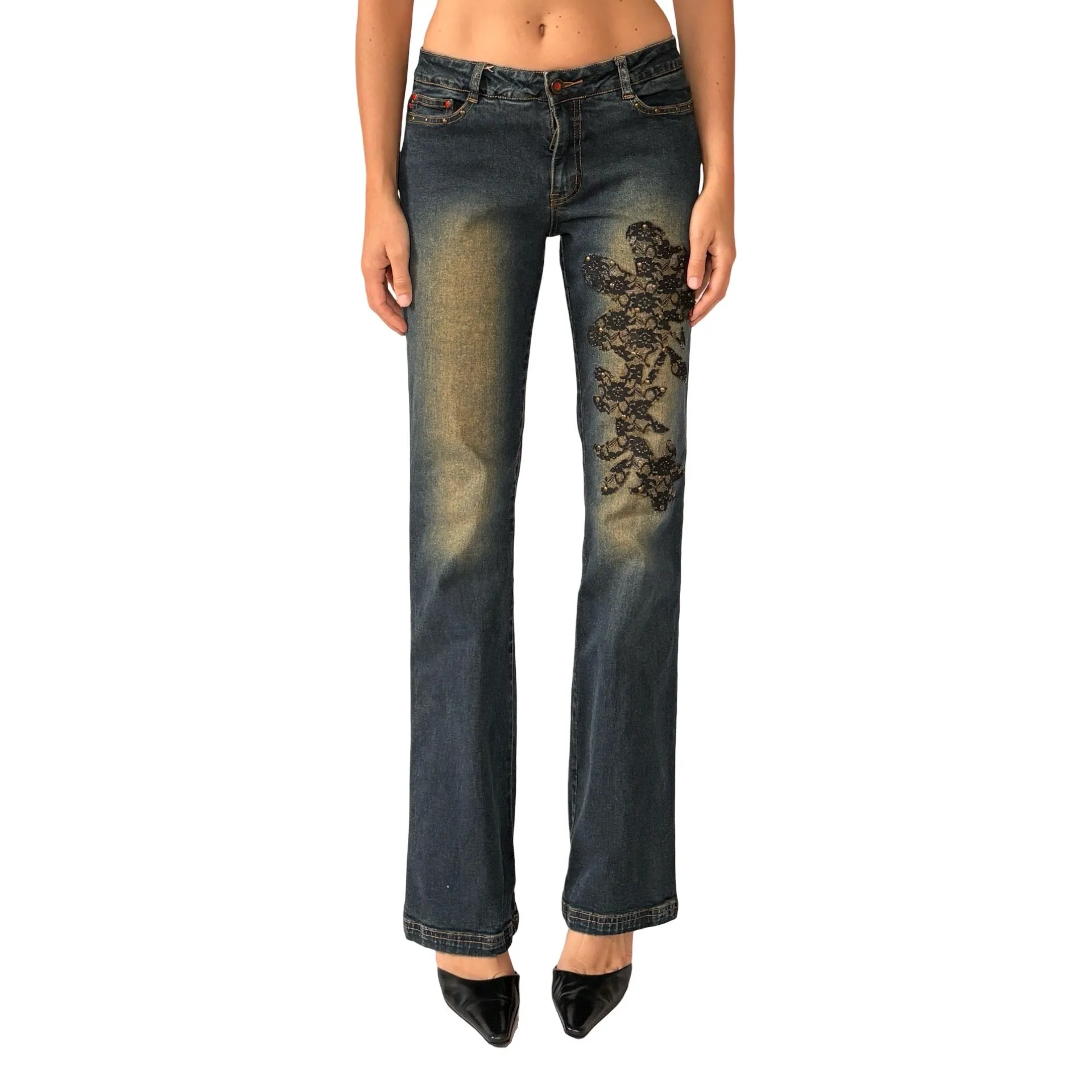 Y2K Lace Appliqué Jeans (S)